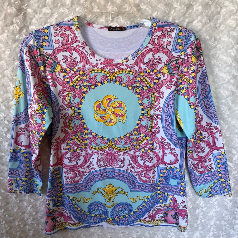 J MCLAUGHLIN Knit T Shirt Women’s Small Pink Aqua Knit Top Round Neck Baroque